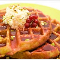 Cornmeal Waffles with Fresh Currant Syrup Topped with Honeyed Mascarpone and Pistachios