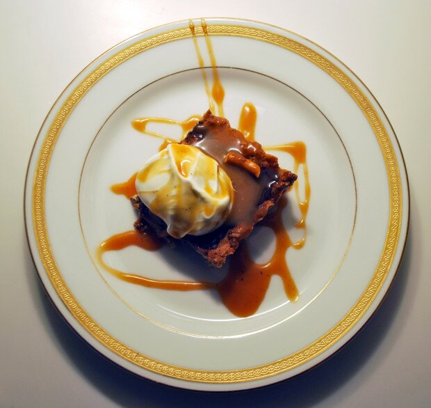 Milk Chocolate and Pretzel Tart with Crème Fraîche and Salted Caramel