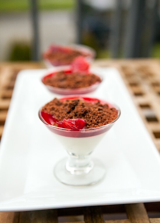 Vanilla Bean Panna Cotta with Blood Orange Syrup and Chocolate Cookie Crumble