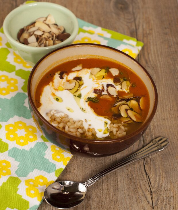 Warm Tomato Soup with Coconut Cream and Lemon-Thyme-Rosemary Oil