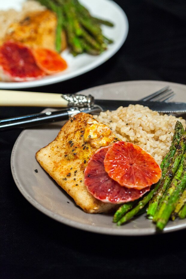 Pan-Seared Mahi Mahi with Blood Orange Butter & Pesto Roasted Asparagus | www.spachethespatula.com #recipe