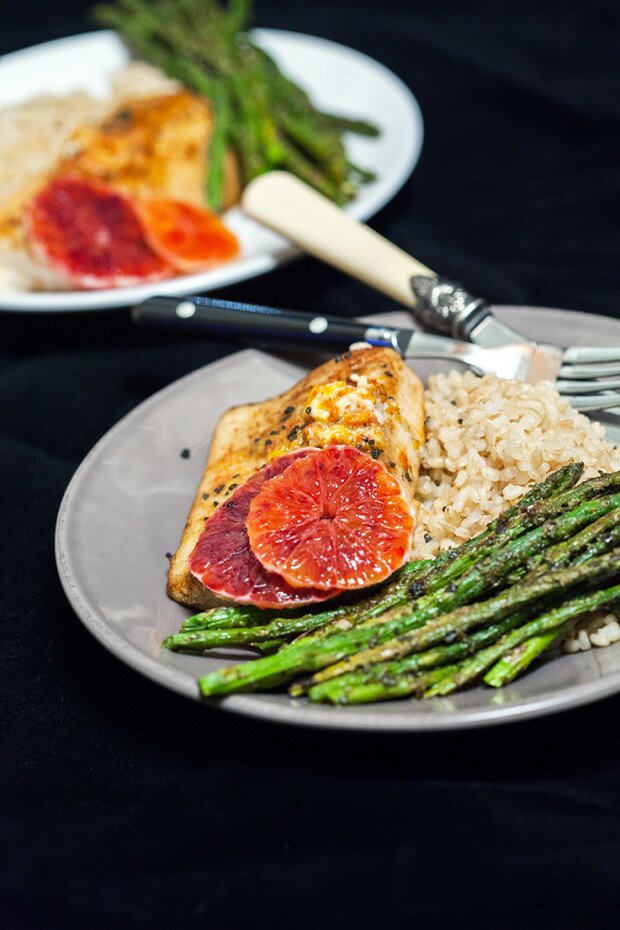 Pan-Seared Mahi Mahi with Blood Orange Butter & Pesto Roasted Asparagus
