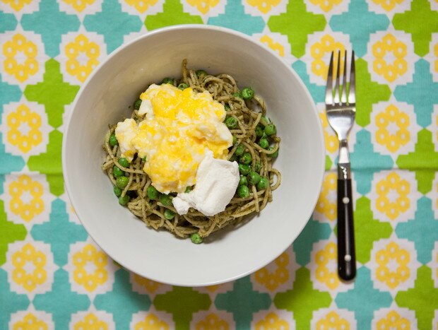 Pesto Pasta with Scrambled Eggs and Ricotta