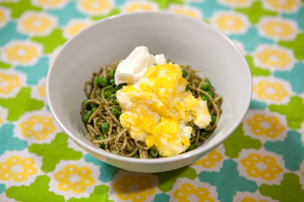 Pesto Pasta with Scrambled Eggs and Ricotta | www.spachethespatula.com #recipe