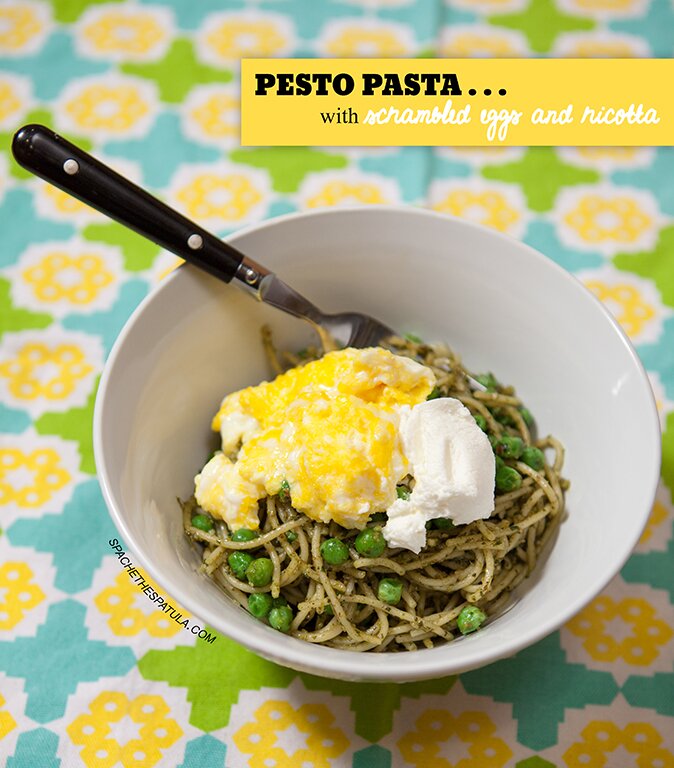 Pesto Pasta with Scrambled Eggs and Ricotta | www.spachethespatula.com #recipe