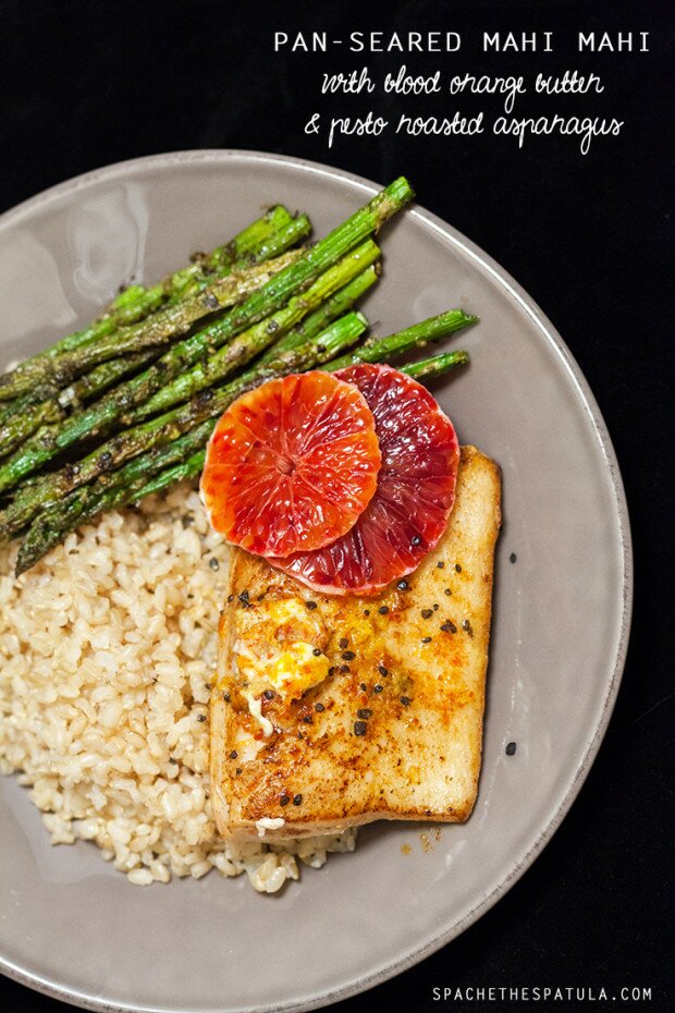 Pan-Seared Mahi Mahi with Blood Orange Butter & Pesto Roasted Asparagus | www.spachethespatula.com #recipe