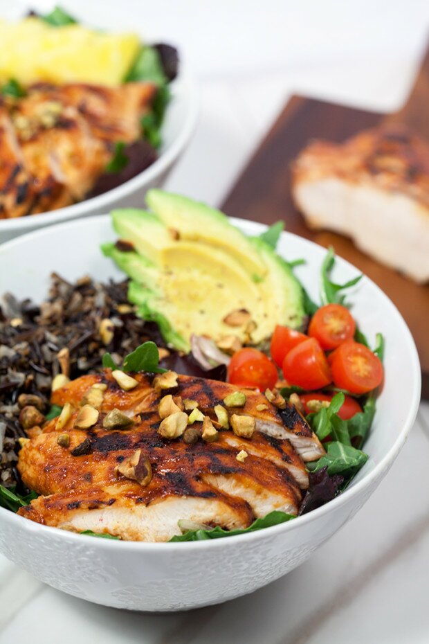 Pineapple-Sriracha Chicken Salad Bowls with Wild Rice | www.spachethespatula.com #recipe