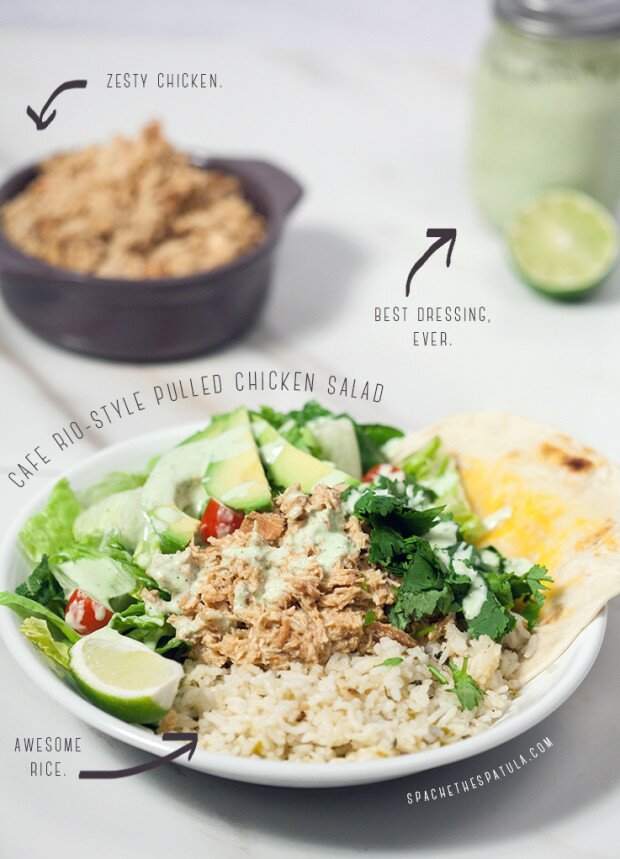 Cafe Rio-Style Pulled Chicken Salad (with Creamy Tomatillo Ranch!) | www.spachethespatula.com #recipe