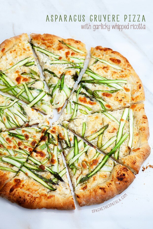 Asparagus Gruyere Pizza with Garlicky Whipped Ricotta | www.spachethespatula.com #recipe