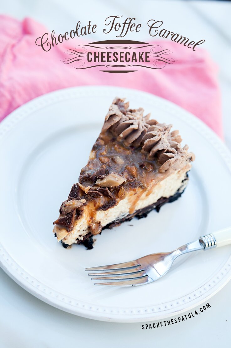 Chocolate Toffee Caramel Cheesecake | www.spachethespatula.com #recipe