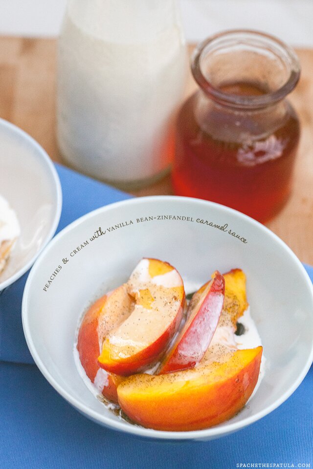 Peaches and Cream with Vanilla Bean-Zinfandel Caramel Sauce | www.spachethespatula.com #recipe