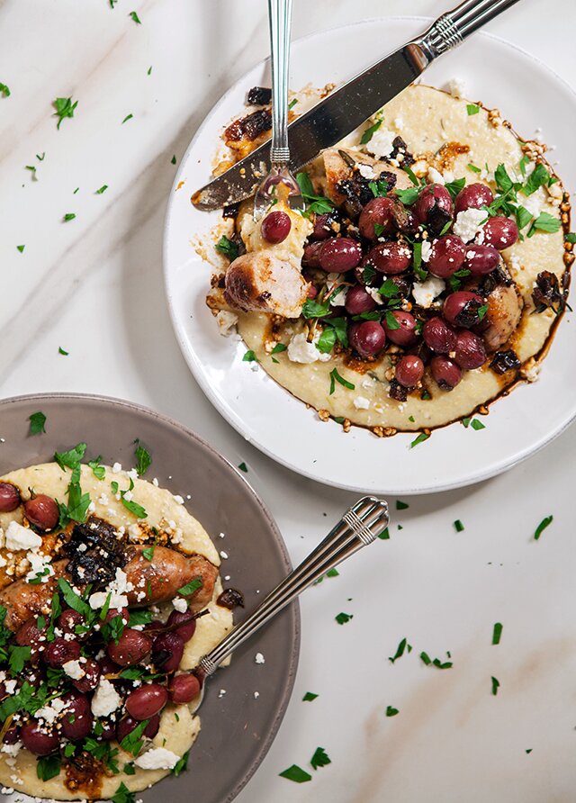 Chicken Sausages and Roasted Grapes over Rosemary Polenta | www.spachethespatula.com #recipe