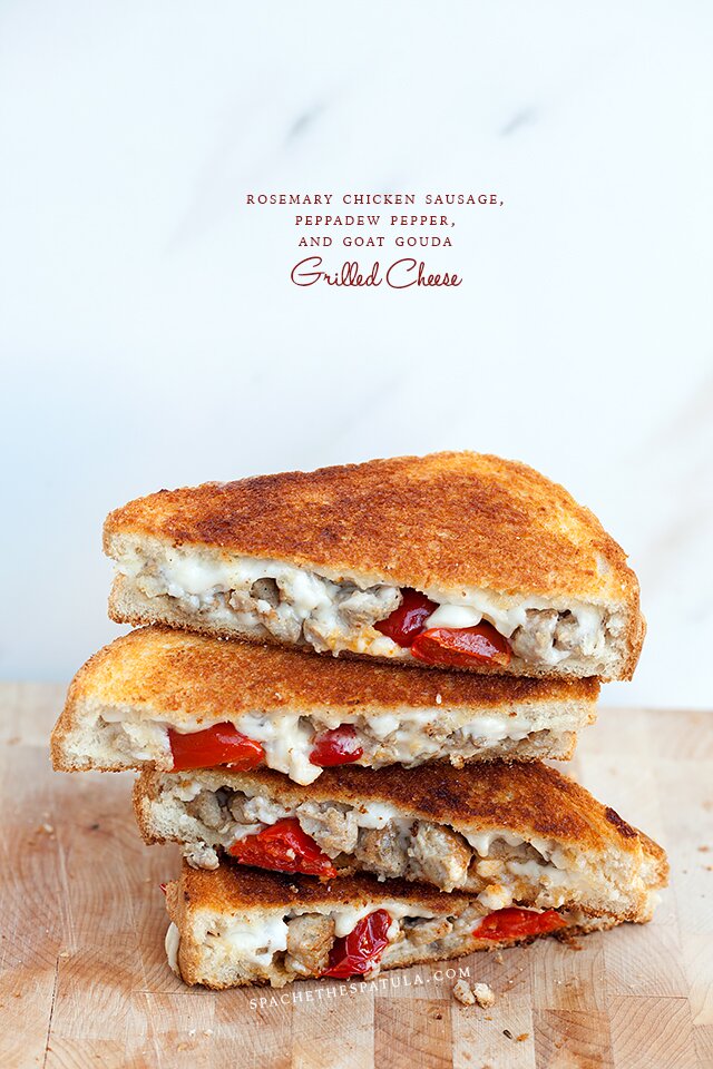 Rosemary Chicken Sausage, Peppadew Pepper, and Goat Gouda Grilled Cheese | www.spachethespatula.com #recipe