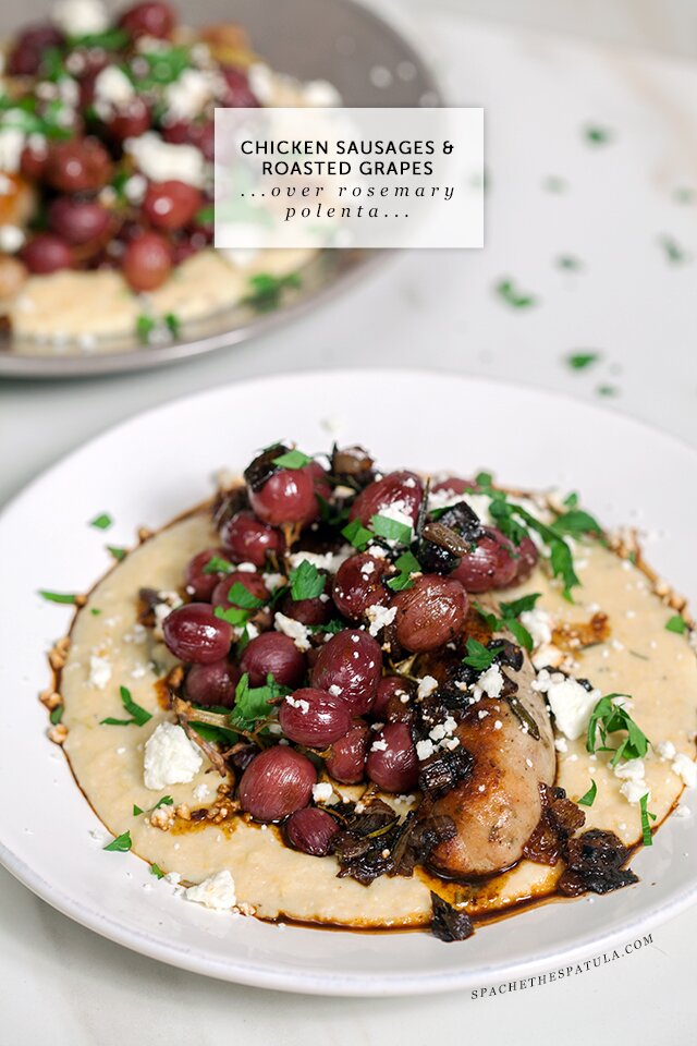 Chicken Sausages and Roasted Grapes over Rosemary Polenta | www.spachethespatula.com #recipe