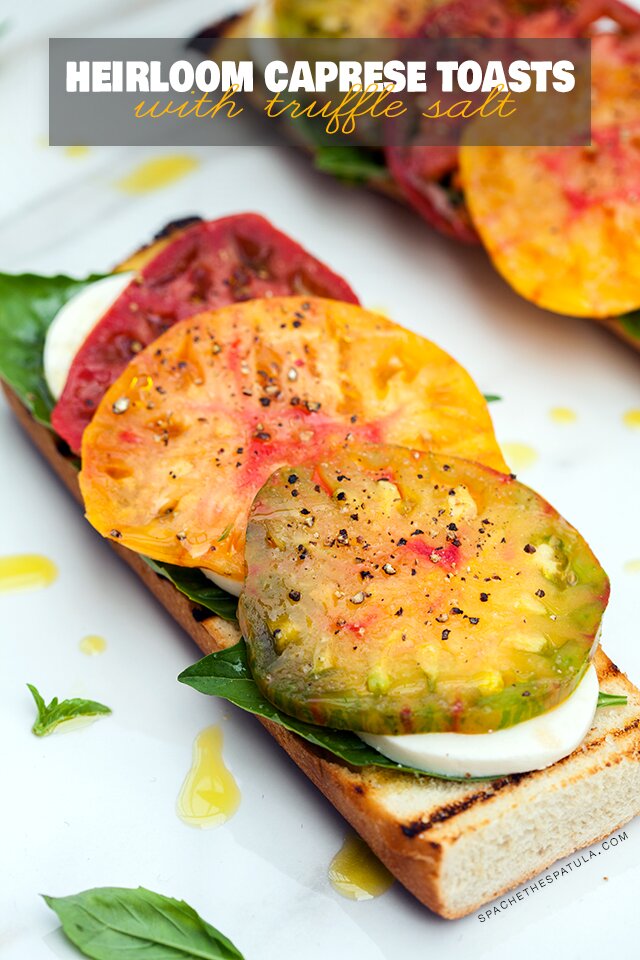 Heirloom Caprese Toasts with Truffle Salt | www.spachethespatula.com #recipe