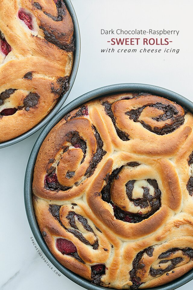 Dark Chocolate-Raspberry Sweet Rolls with Cream Cheese Icing | www.spachethespatula.com #recipe