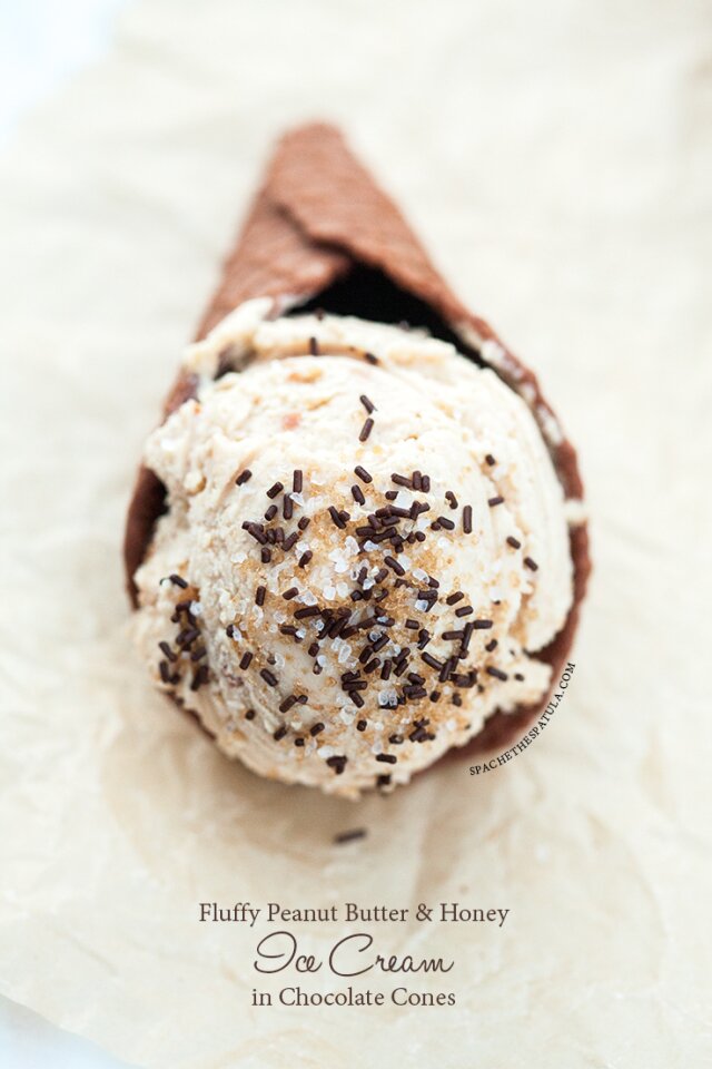 Fluffy Peanut Butter and Honey Ice Cream with Chocolate Waffle Cones | www.spachethespatula.com #recipe