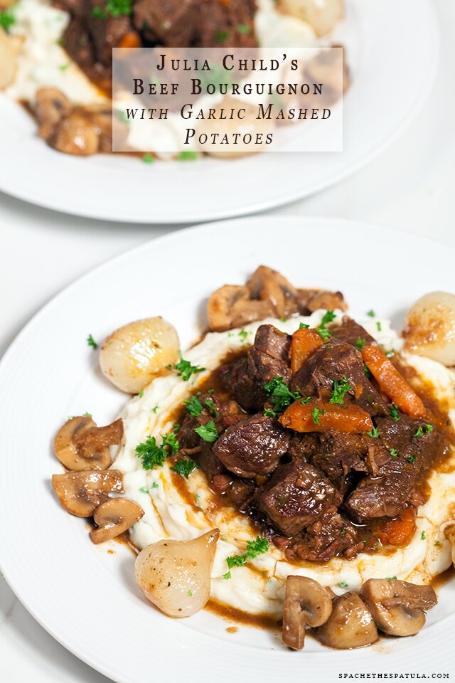 Julia's Beef Bourguignon and Garlic Mashed Potatoes | www.spachethespatula.com #recipe
