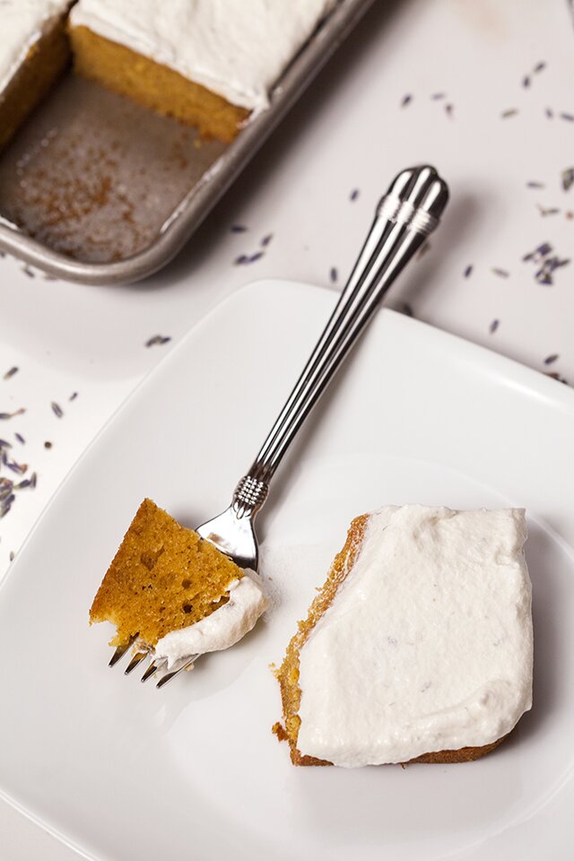 Pumpkin Sheet Cake with Lavender-Sour Cream Frosting | www.spachethespatula.com #recipe