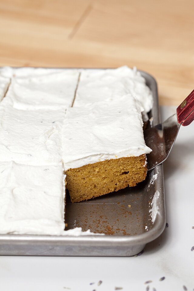 Pumpkin Sheet Cake with Lavender-Sour Cream Frosting | www.spachethespatula.com #recipe