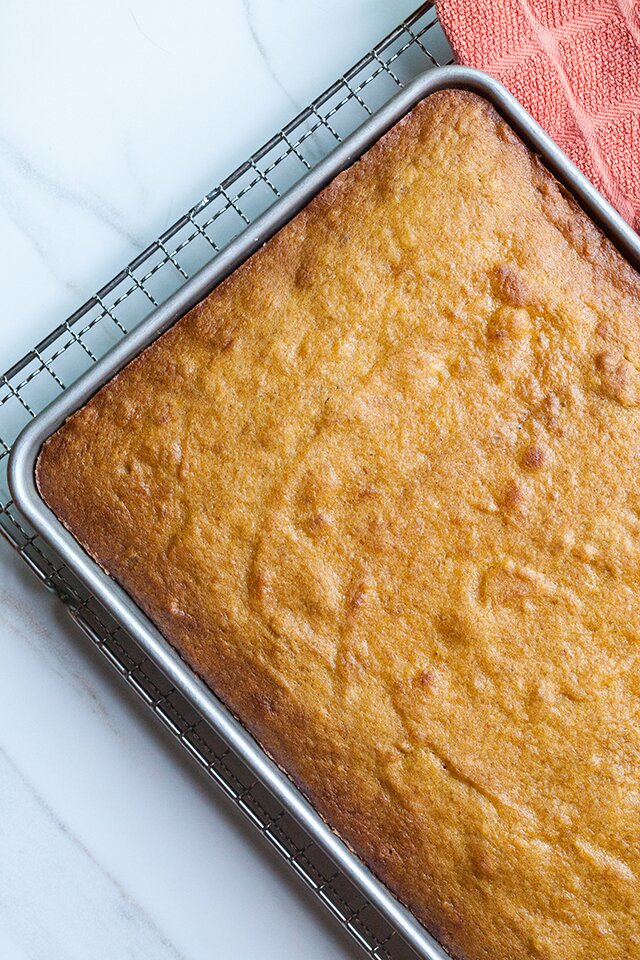 Pumpkin Sheet Cake with Lavender-Sour Cream Frosting | www.spachethespatula.com #recipe