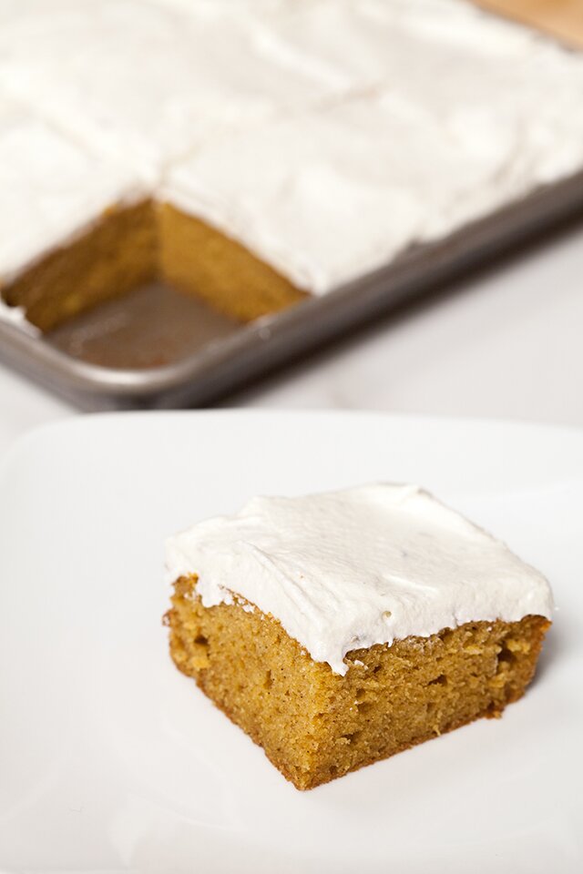 Pumpkin Sheet Cake with Lavender-Sour Cream Frosting | www.spachethespatula.com #recipe