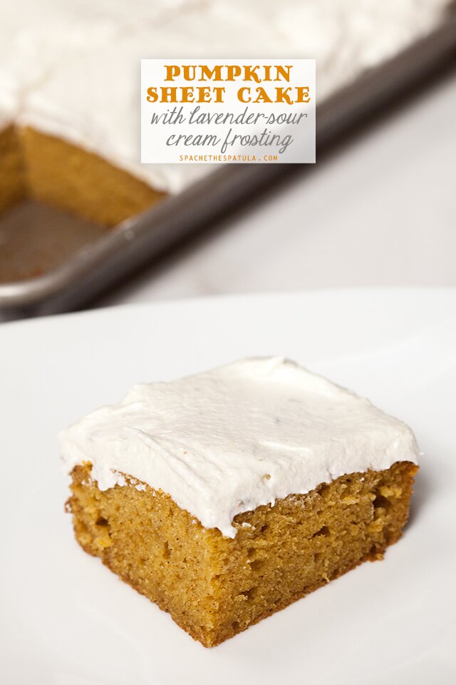 Pumpkin Sheet Cake with Lavender-Sour Cream Frosting | www.spachethespatula.com #recipe