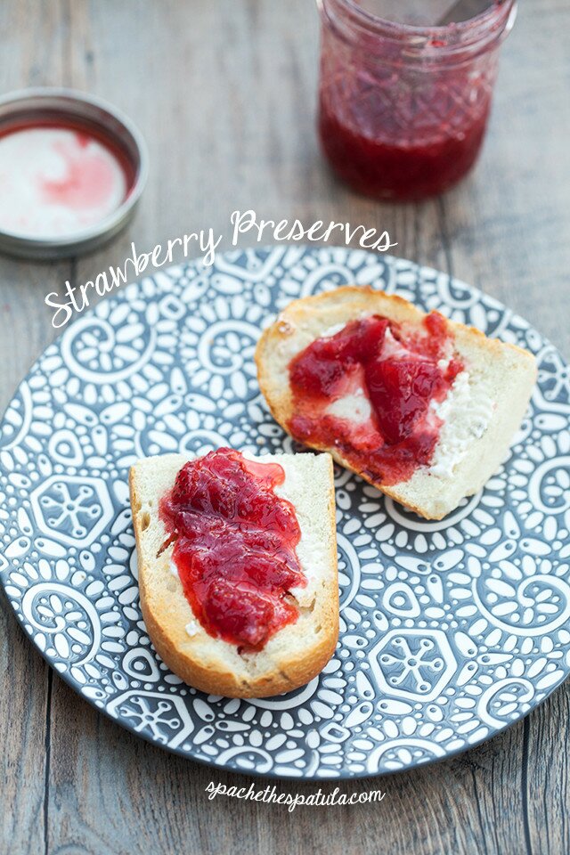 These strawberry preserves couldn't be simpler to make. Large strawberry chunks make this irresistible! Enjoy on toast, or try over ice cream for serious enjoyment! | www.spachethespatula.com #recipe