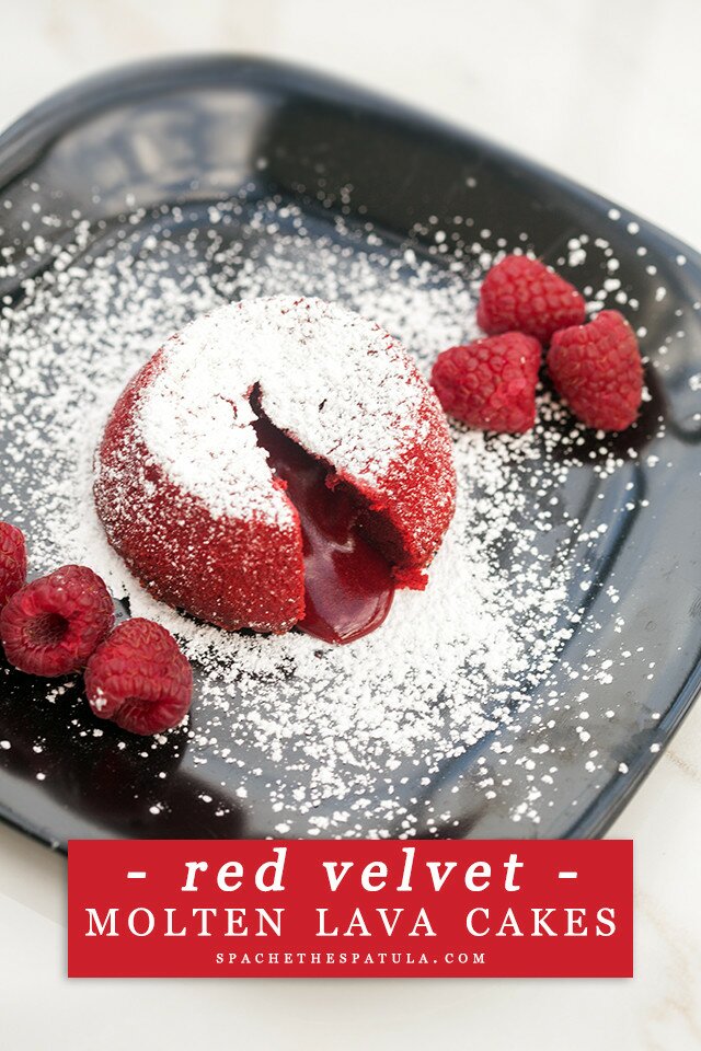 Beautiful red velvet cakes that hide a rich molten center---the most perfect Valentine's Day dessert! | www.spachethespatula.com #recipe