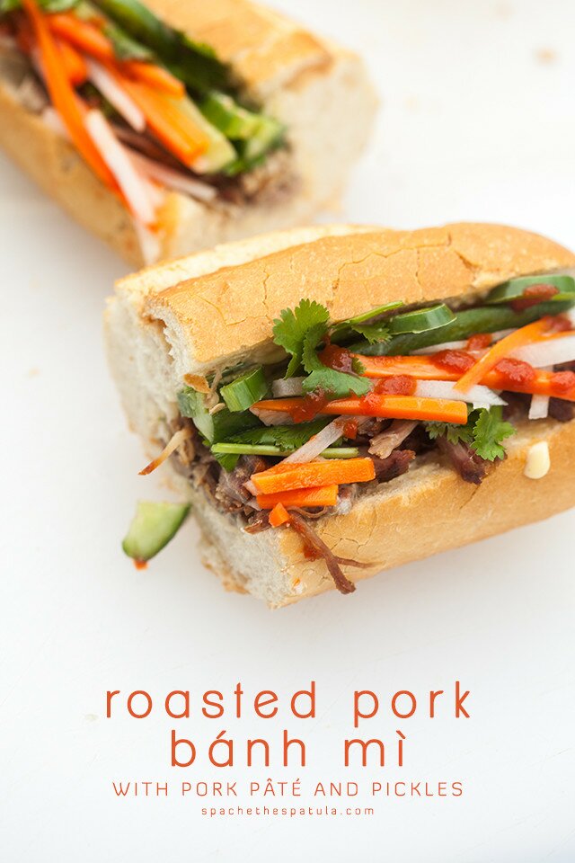 This outrageously delicious Vietnamese sandwich contains succulent roast pork shoulder, pork pâté, and homemade pickles! | www.spachethespatula.com #recipe