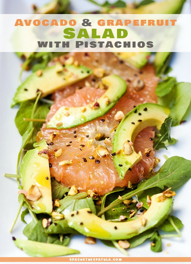 A vibrant, juicy salad with creamy avocado, peppery arugula, and unctuous pistachios oil | www.spachethespatula.com #recipe