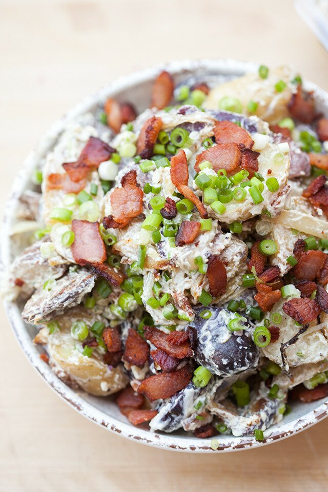 Blue cheese and sour cream make up the creamy base in this addictive potato salad! #BluesdayTuesday @castellousa| www.spachethespatula.com #recipe