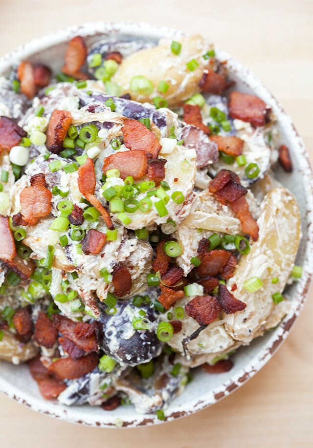 Blue cheese and sour cream make up the creamy base in this addictive potato salad! #BluesdayTuesday @castellousa| www.spachethespatula.com #recipe