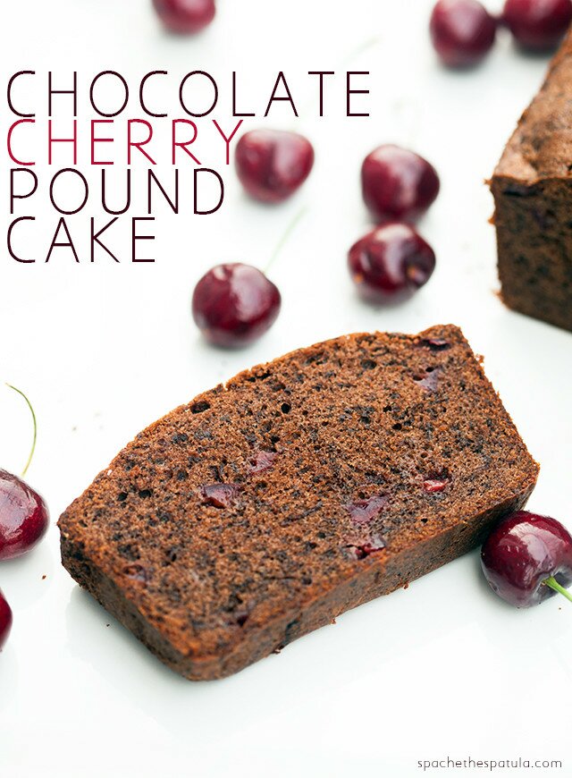 A dense, rich, and chocolatey pound cake, studded with pieces of fresh, juicy cherries! | www.spachethespatula.com #recipe